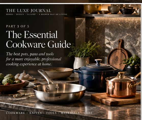THE LUXE JOURNAL essential cookware guide with stainless steel, cast iron and copper cookware in a luxury kitchen