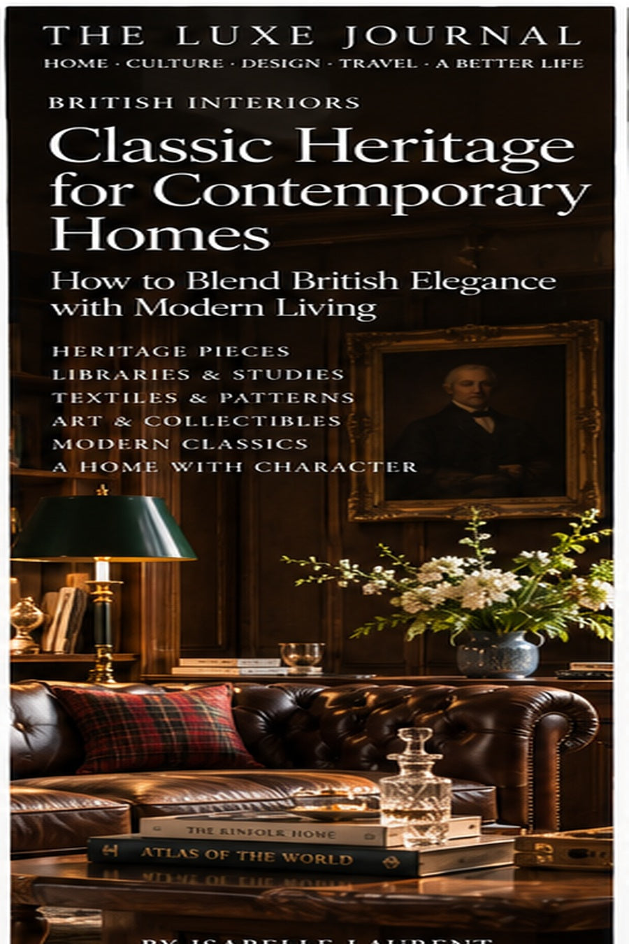 The Luxe Journal British interiors editorial cover featuring layered heritage style, books, art, brass and contemporary comfort