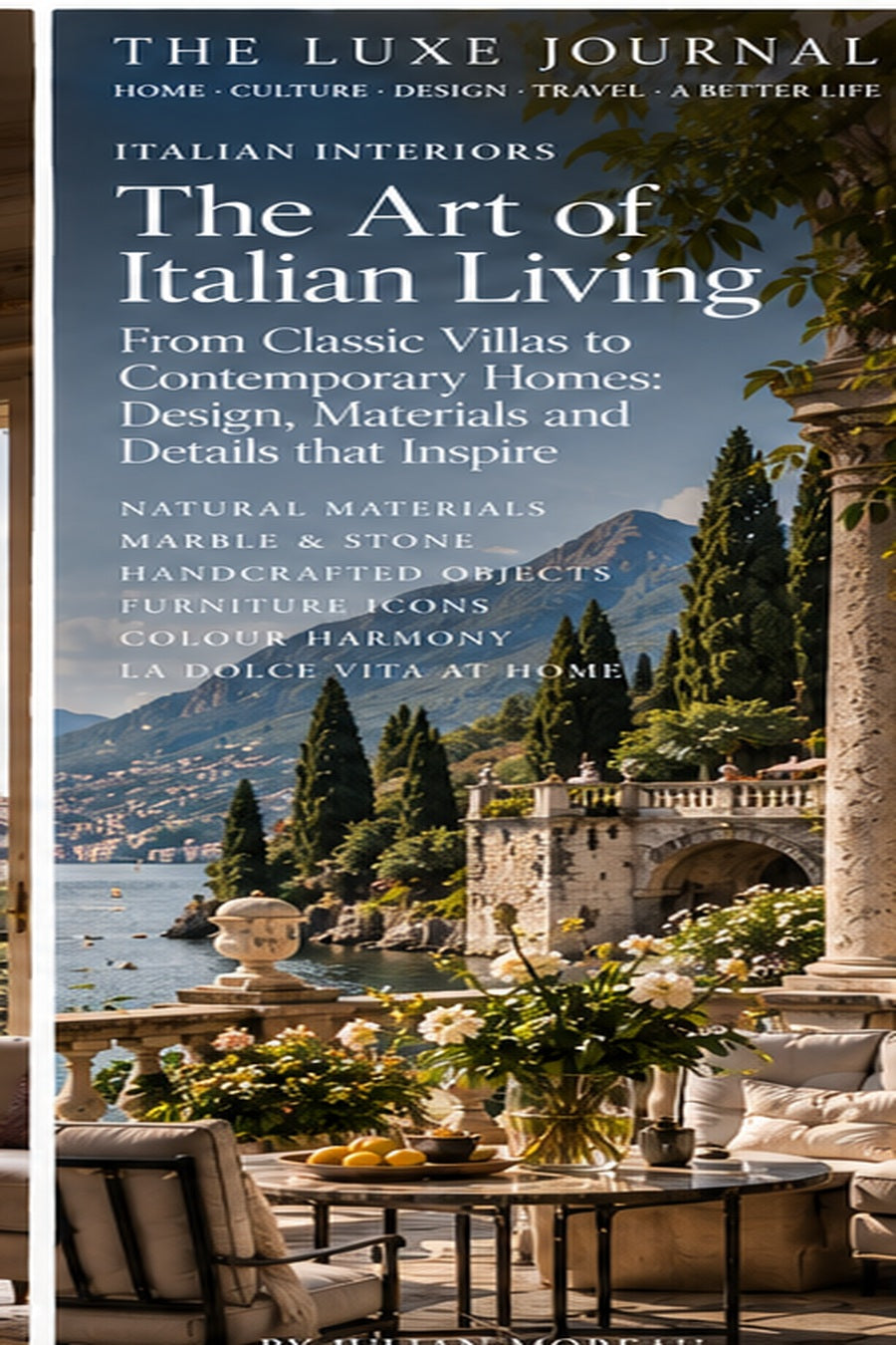 The Luxe Journal Italian interiors editorial cover featuring stone, warm materials and sculptural European design