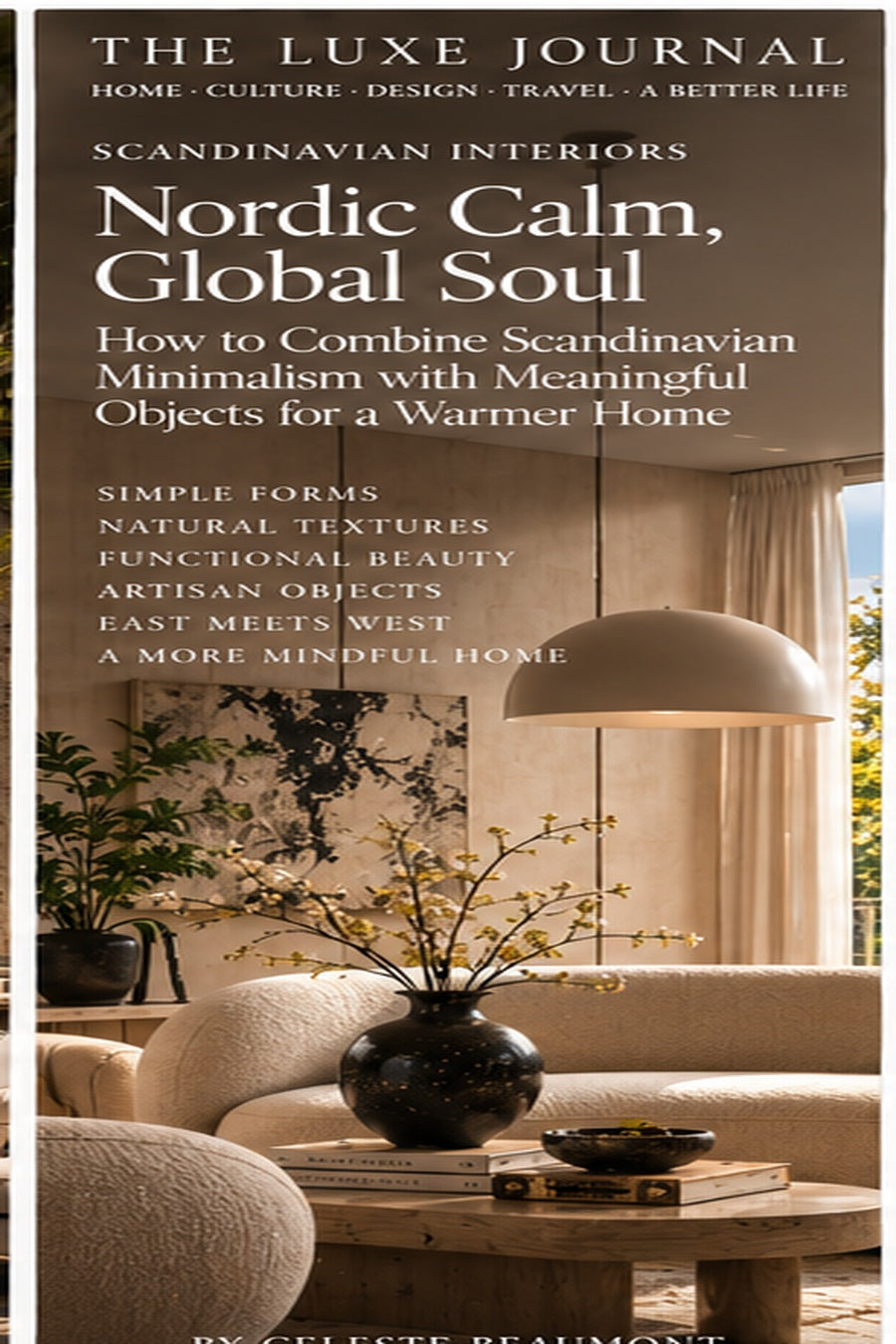 The Luxe Journal Scandinavian interiors editorial cover featuring Nordic calm, natural textures and restrained European decor
