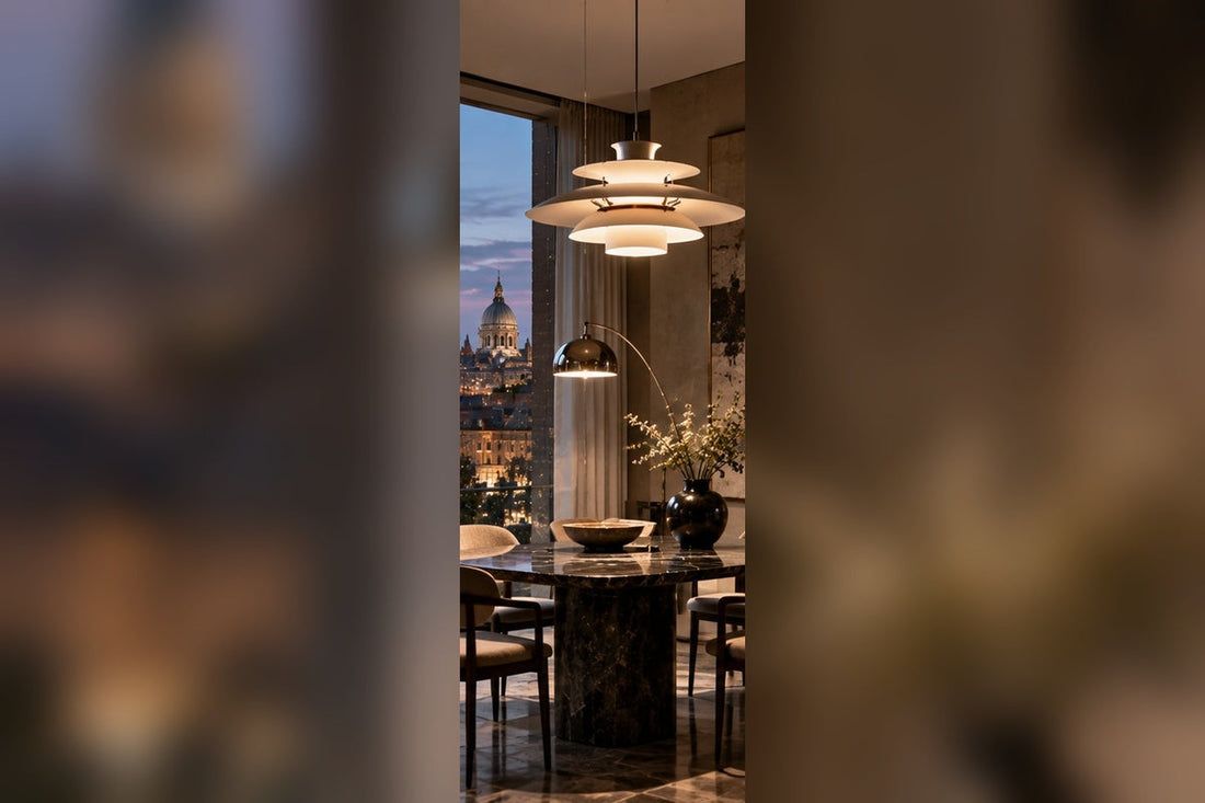 THE LUXE JOURNAL European lighting icons cover with layered pendant and floor lighting in a luxury dining interior