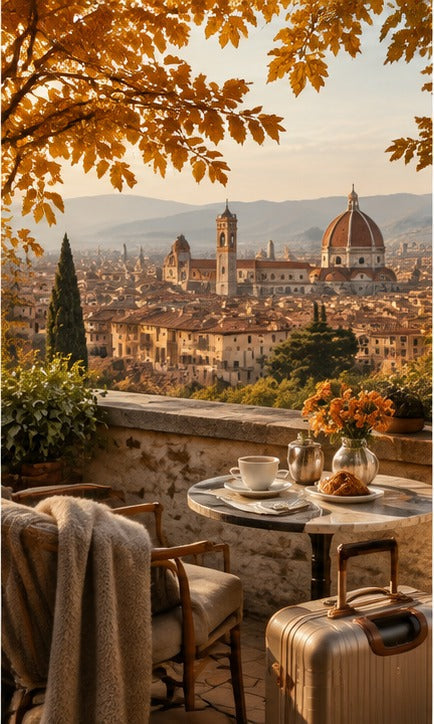 THE LUXE JOURNAL cover for the 2026 fallcation travel trend with an autumn European city terrace and luxury luggage