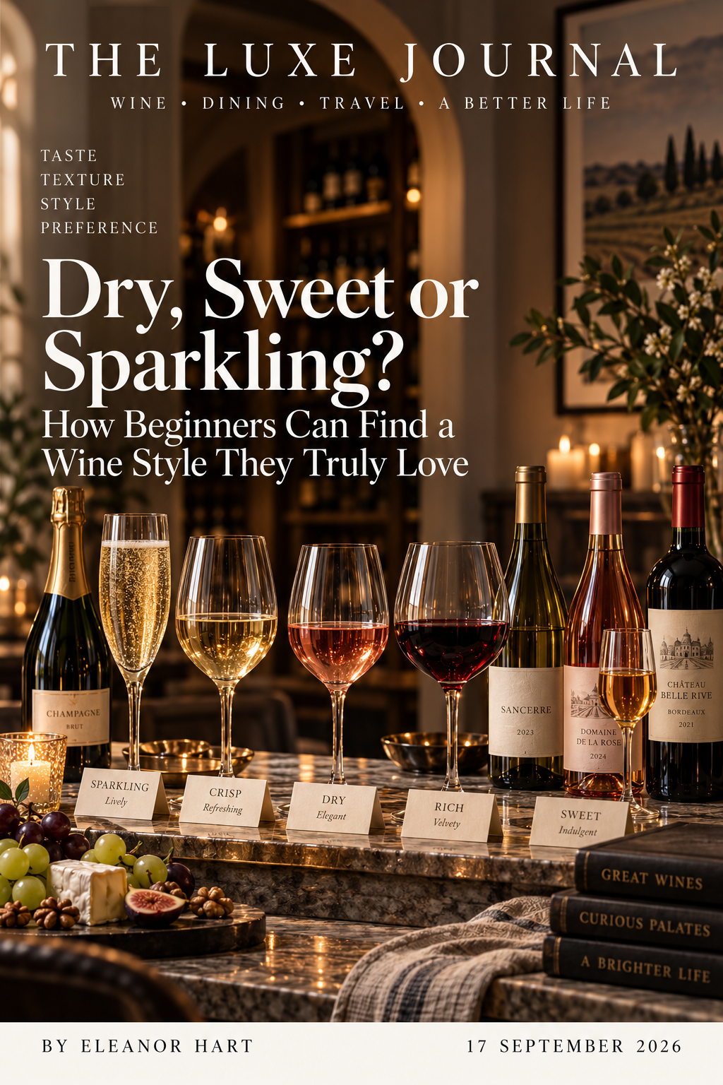 Luxury magazine cover about finding a preferred wine style from dry to sweet and sparkling