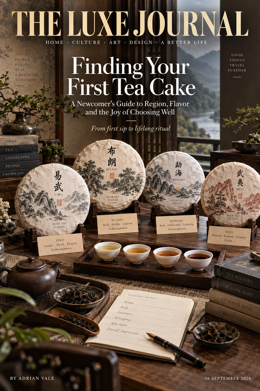 Luxury magazine cover guiding newcomers through Pu-erh tea cake regions, flavors and selection