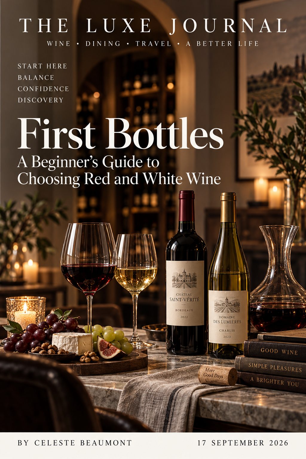 Luxury magazine cover for a beginner guide to choosing red and white wine