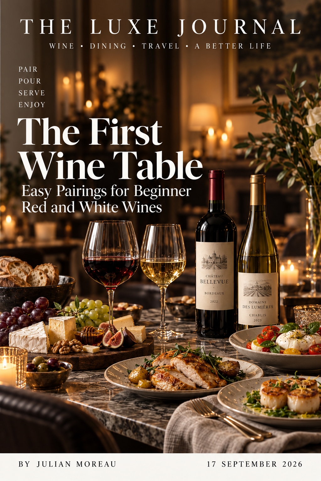 Luxury magazine cover showing easy food pairings for beginner red and white wine drinkers