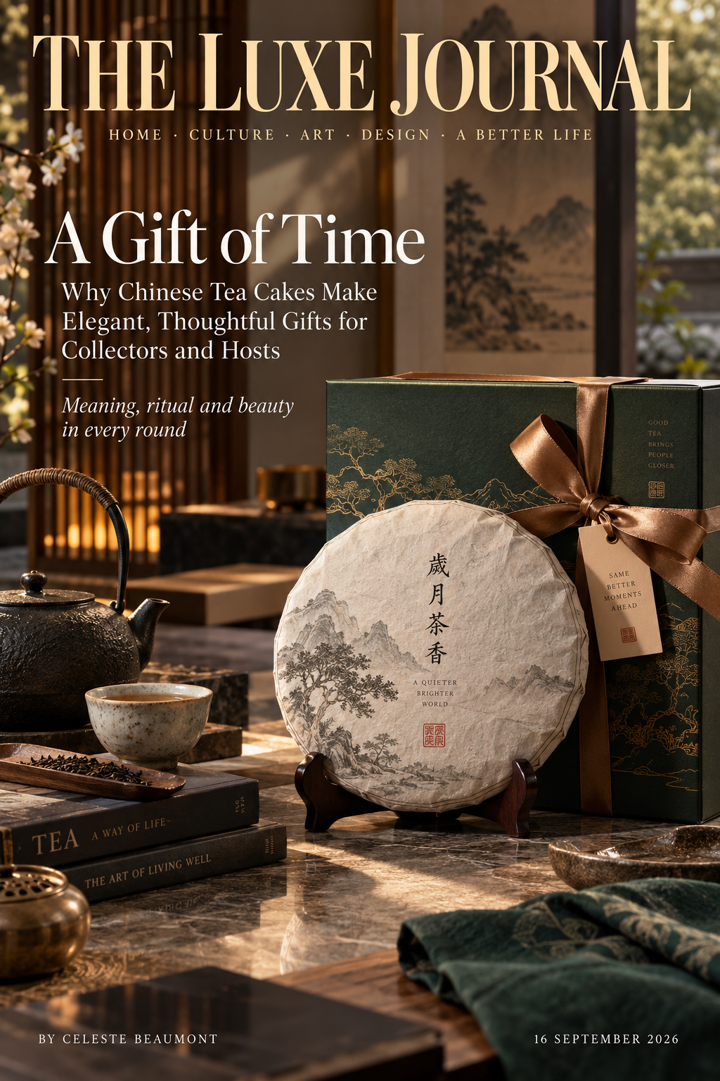 Luxury magazine cover about Chinese tea cakes as elegant gifts for collectors and hosts