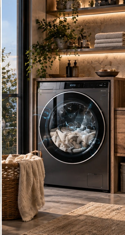 THE LUXE JOURNAL appliance news cover for Haier Vision 15 AI washing machine in a high-end laundry room