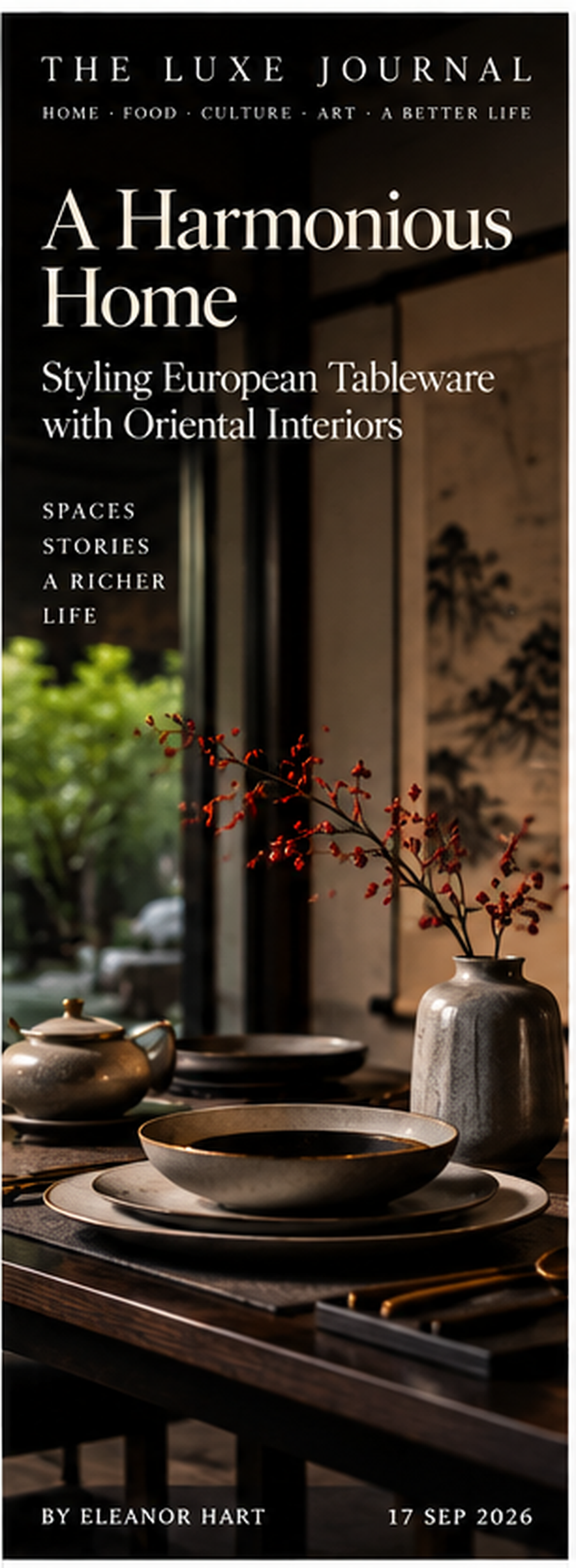 Luxury editorial cover showing European tableware styled within a calm Eastern-inspired home interior