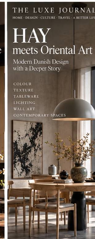 Editorial dining interior blending HAY Danish design with Chinese porcelain, teaware and sculptural decor