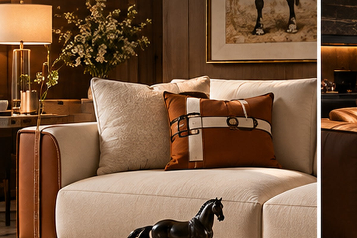 THE LUXE JOURNAL Hermès sofa guide editorial cover featuring an equestrian-inspired luxury living room with refined leather details