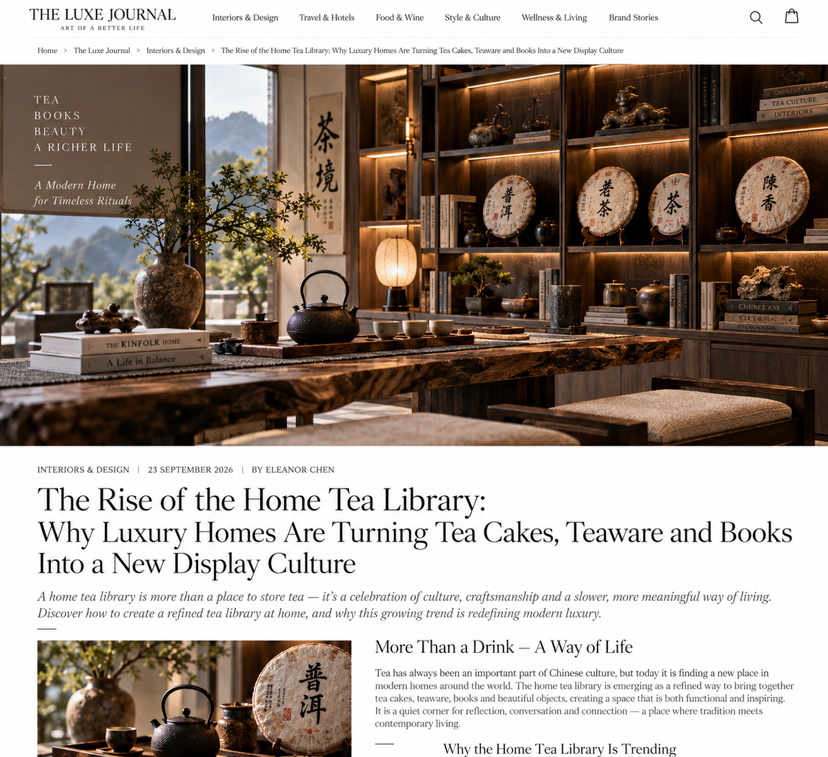 THE LUXE JOURNAL cover for the rise of the home tea library with tea cakes, teaware, books and refined shelving