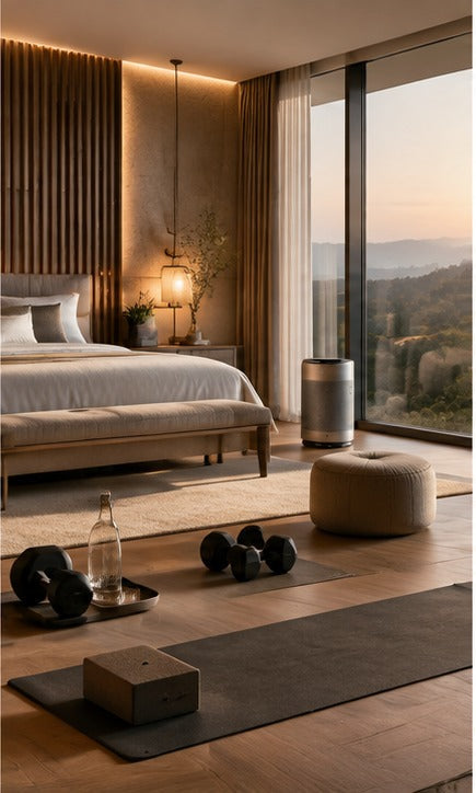THE LUXE JOURNAL cover for hotel wellness rooms with sleep, fitness and mindfulness amenities in a luxury bedroom