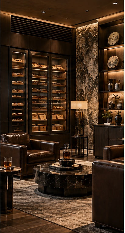THE LUXE JOURNAL humidor and cigar storage guide featuring climate-controlled cigar cabinets in a luxury lounge