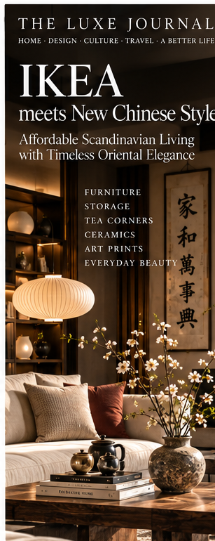 Editorial interior blending IKEA Scandinavian simplicity with Chinese ceramics, tea culture and New Chinese decor