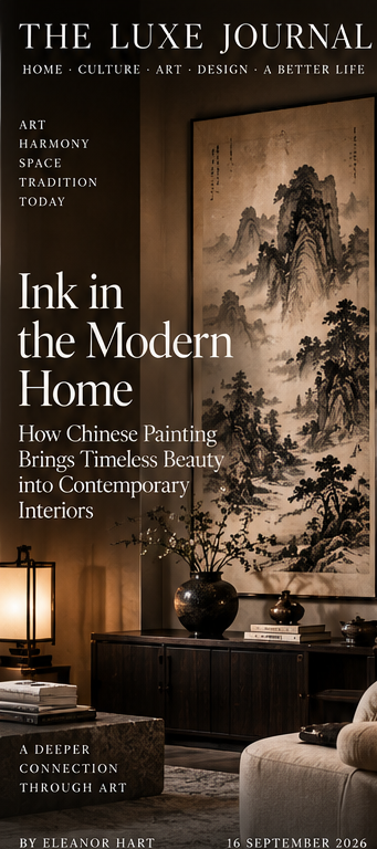 Luxury editorial cover showing Chinese landscape painting styled in a contemporary interior