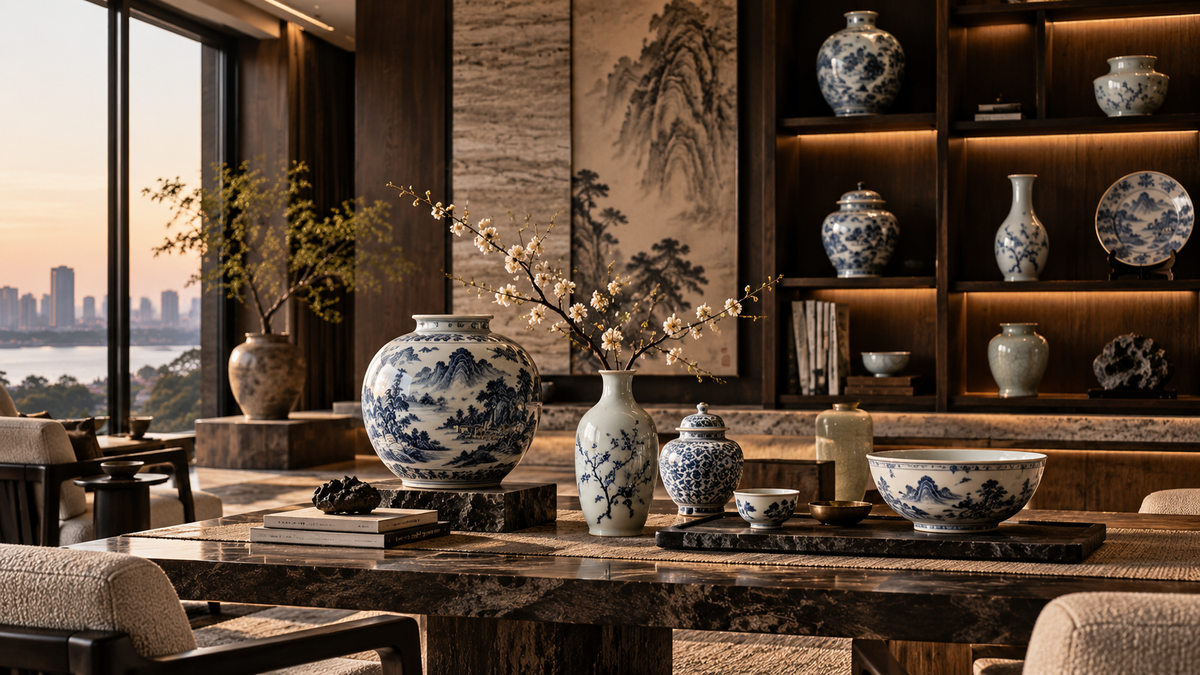 THE LUXE JOURNAL Jingdezhen porcelain renaissance cover featuring blue-and-white ceramics in a contemporary Chinese interior