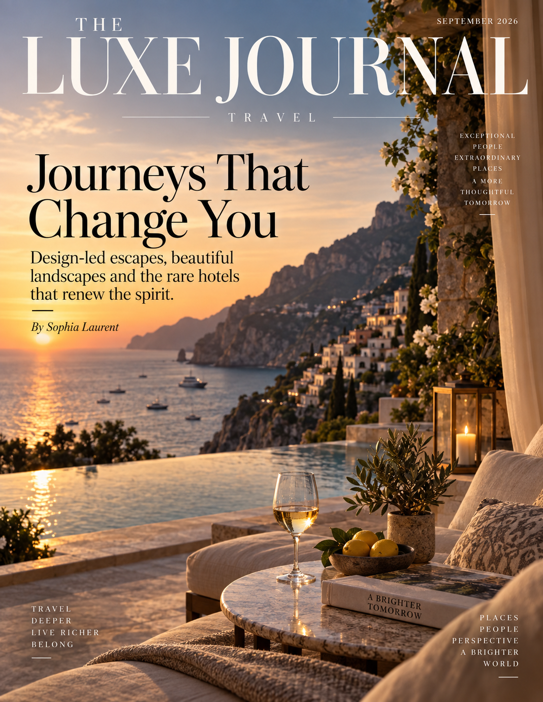 The Luxe Journal luxury travel magazine cover featuring a Mediterranean coastal hotel terrace at sunset