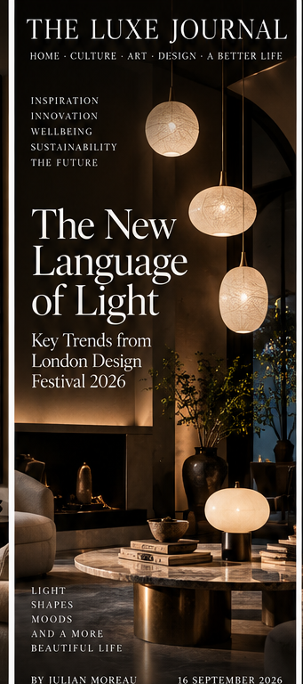 Luxury editorial cover about sculptural lighting and interior design trends during London Design Festival 2026