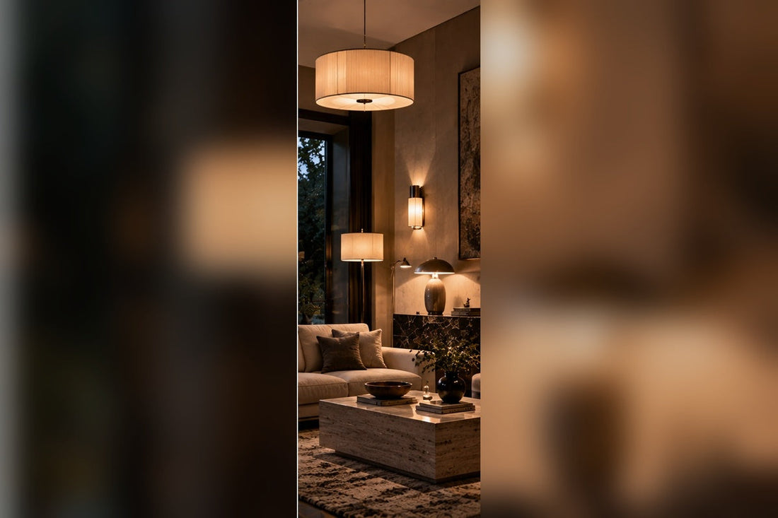 THE LUXE JOURNAL layered European lighting cover showing pendant, wall, table and floor lamps in a sophisticated living room