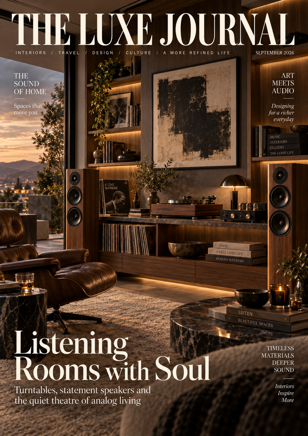 The Luxe Journal luxury listening room cover with turntable, statement loudspeakers and warm walnut interiors