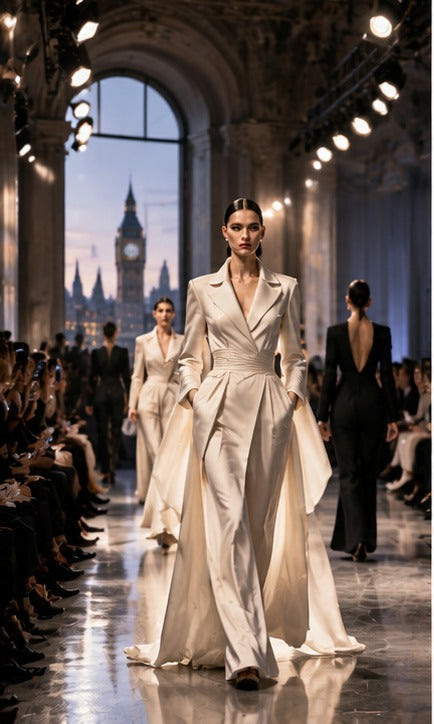 THE LUXE JOURNAL cover for London Fashion Week SS27 with a dramatic London runway and modern tailoring