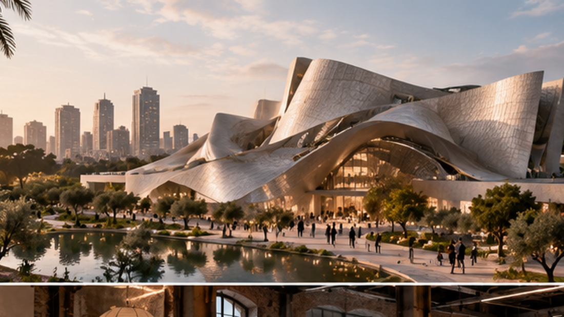 THE LUXE JOURNAL cover for the Lucas Museum of Narrative Art opening in Los Angeles, with futuristic architecture and landscaped public space