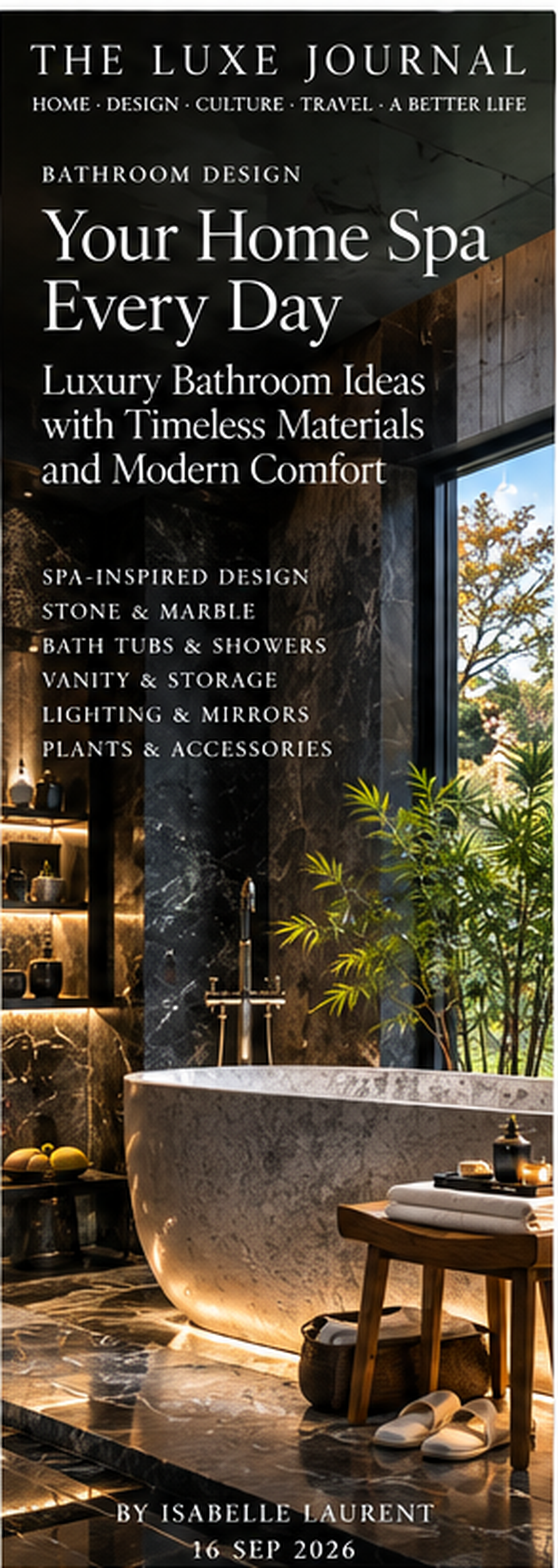 Luxury spa bathroom interior design editorial cover with stone, freestanding bath, layered lighting and natural accents