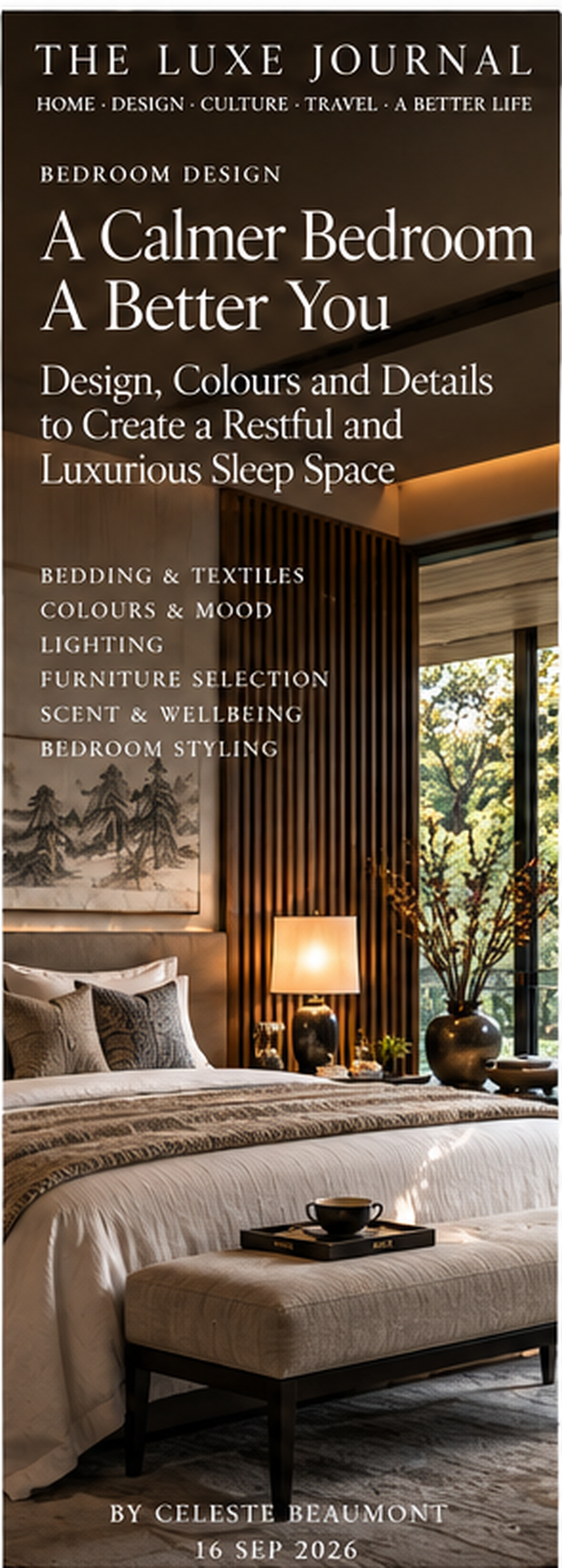 Luxury bedroom interior design editorial cover with layered bedding, warm lighting and calm contemporary decor