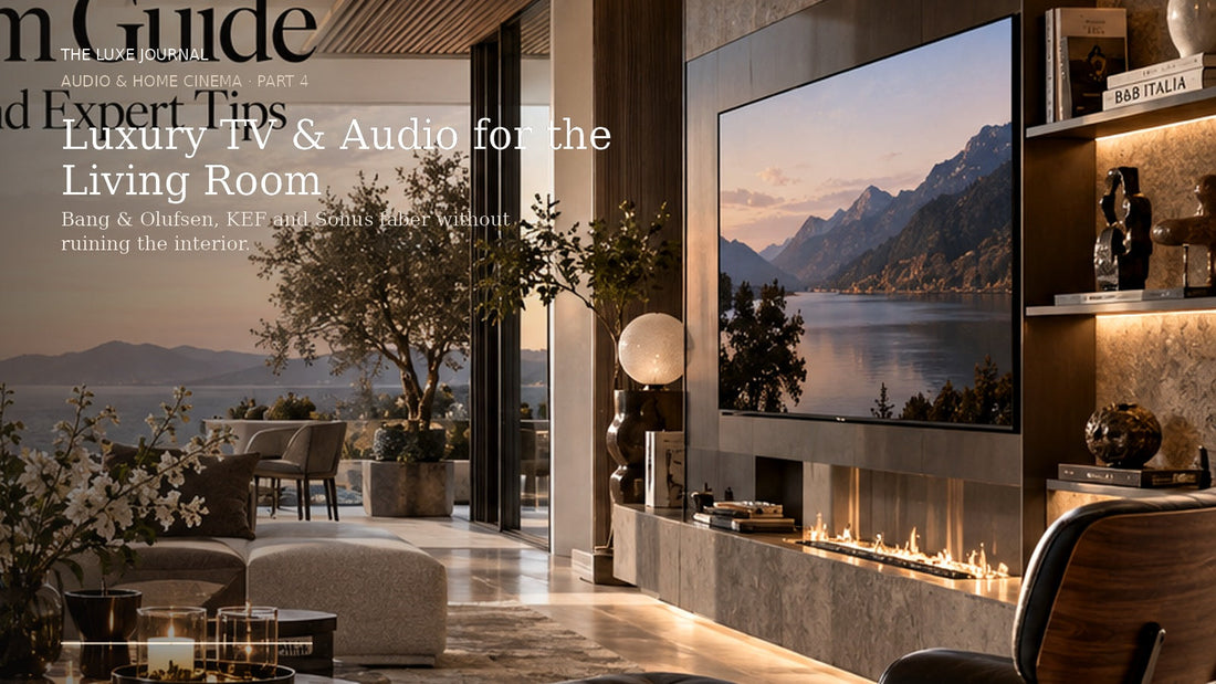 THE LUXE JOURNAL luxury TV and audio guide featuring an integrated media wall and elegant home cinema living room