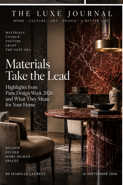Luxury editorial cover about material and interior trends from Paris Design Week and Maison&Objet 2026