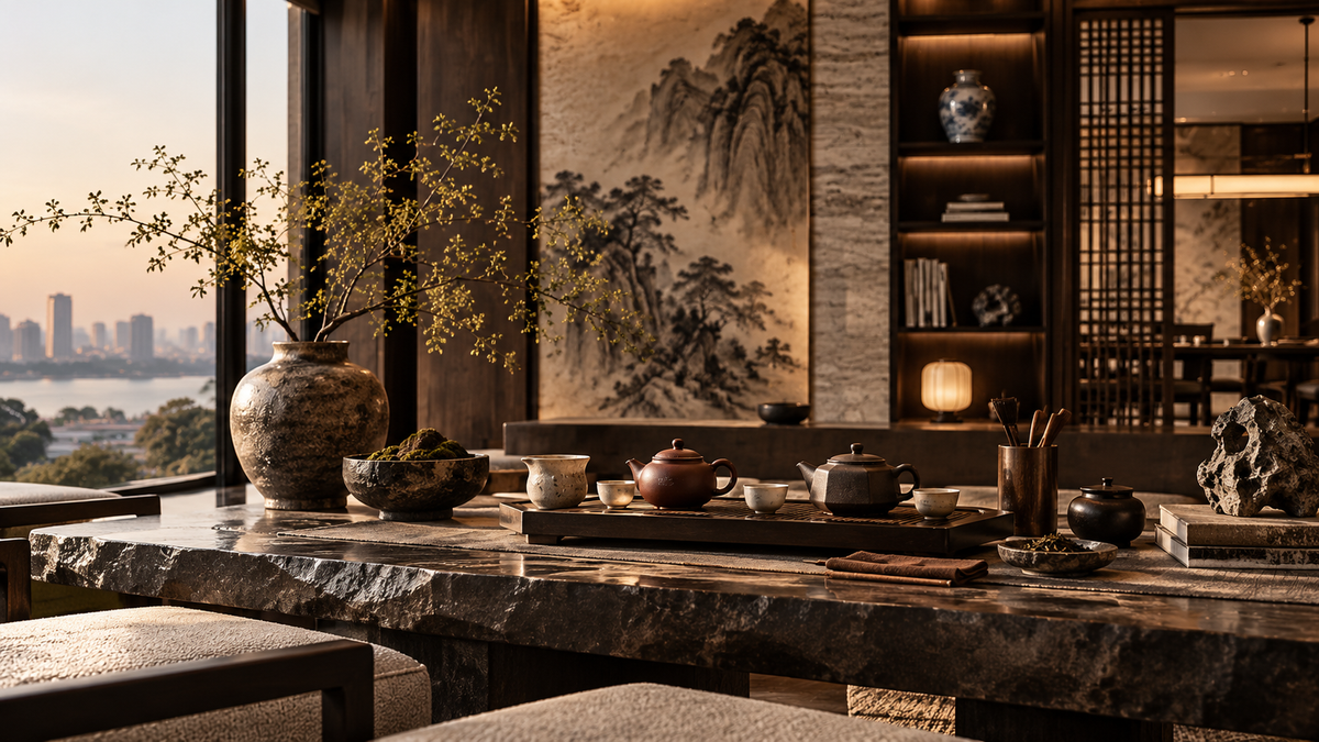THE LUXE JOURNAL modern Chinese tea room trend cover with Yixing teaware, stone tea table, ink painting and city view