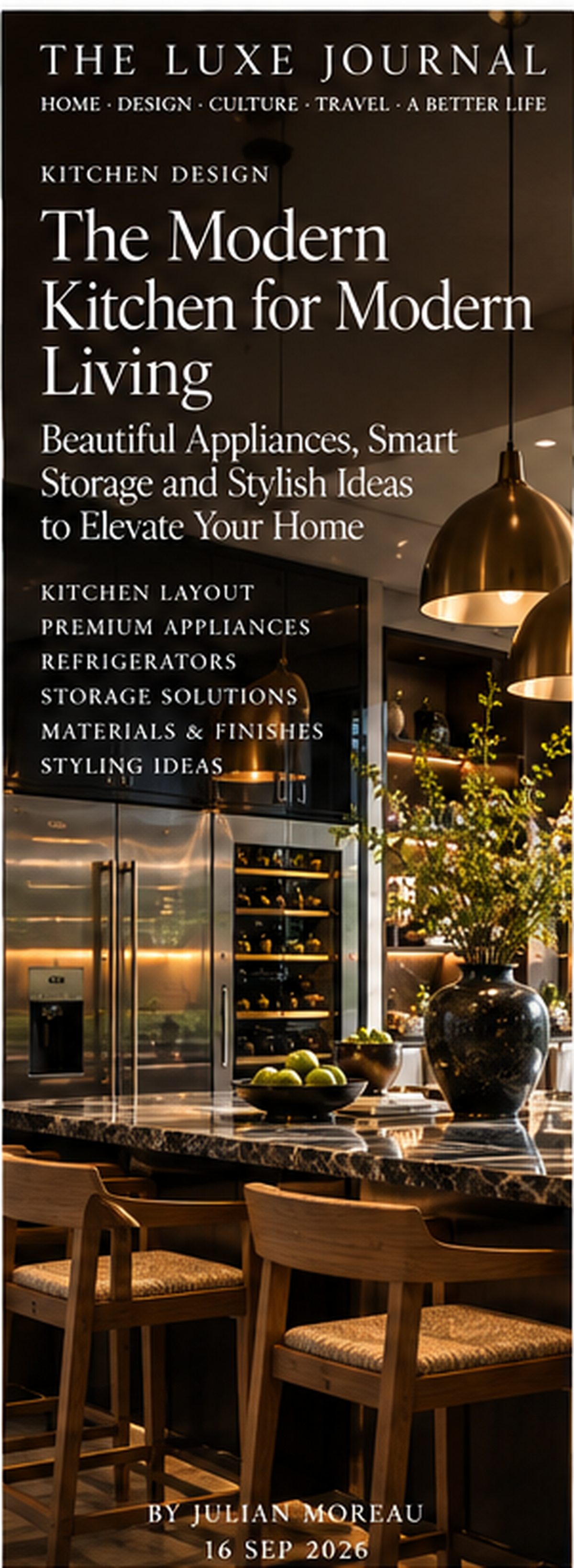 Luxury modern kitchen interior design editorial cover with warm lighting, premium finishes and styled dining area