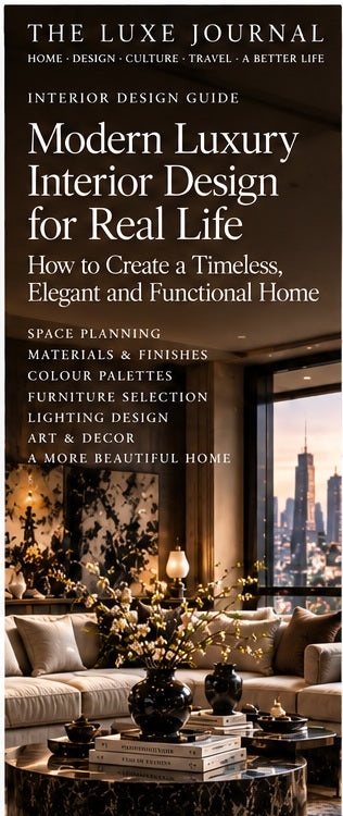 The Luxe Journal modern luxury interior design editorial cover featuring a refined contemporary living room