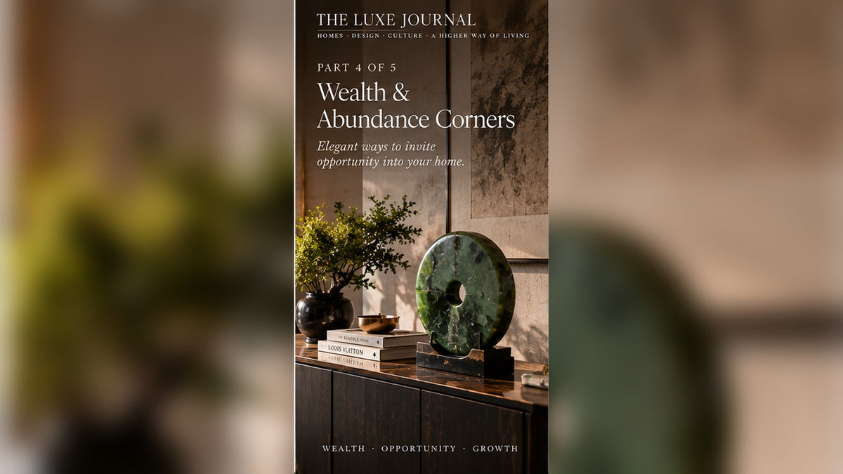 THE LUXE JOURNAL modern feng shui wealth corner guide featuring elegant jade, ceramics, greenery and luxury interior styling