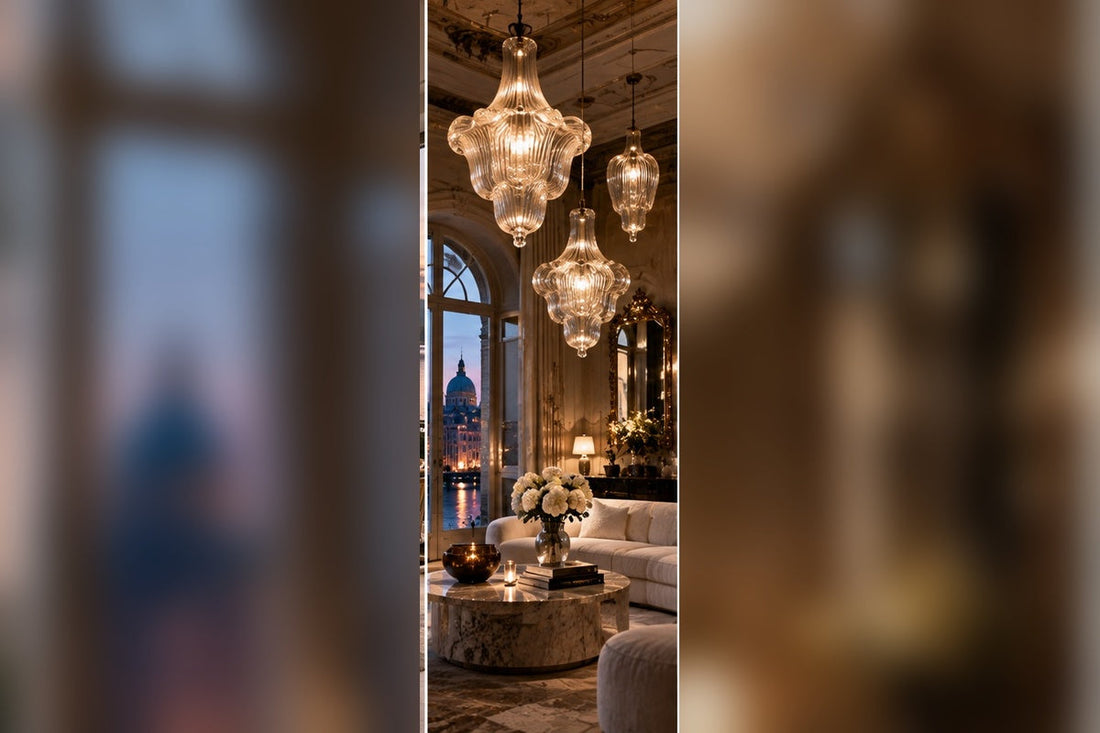 THE LUXE JOURNAL Murano glass lighting cover with hand-blown decorative glass chandeliers in a refined Venetian-inspired room