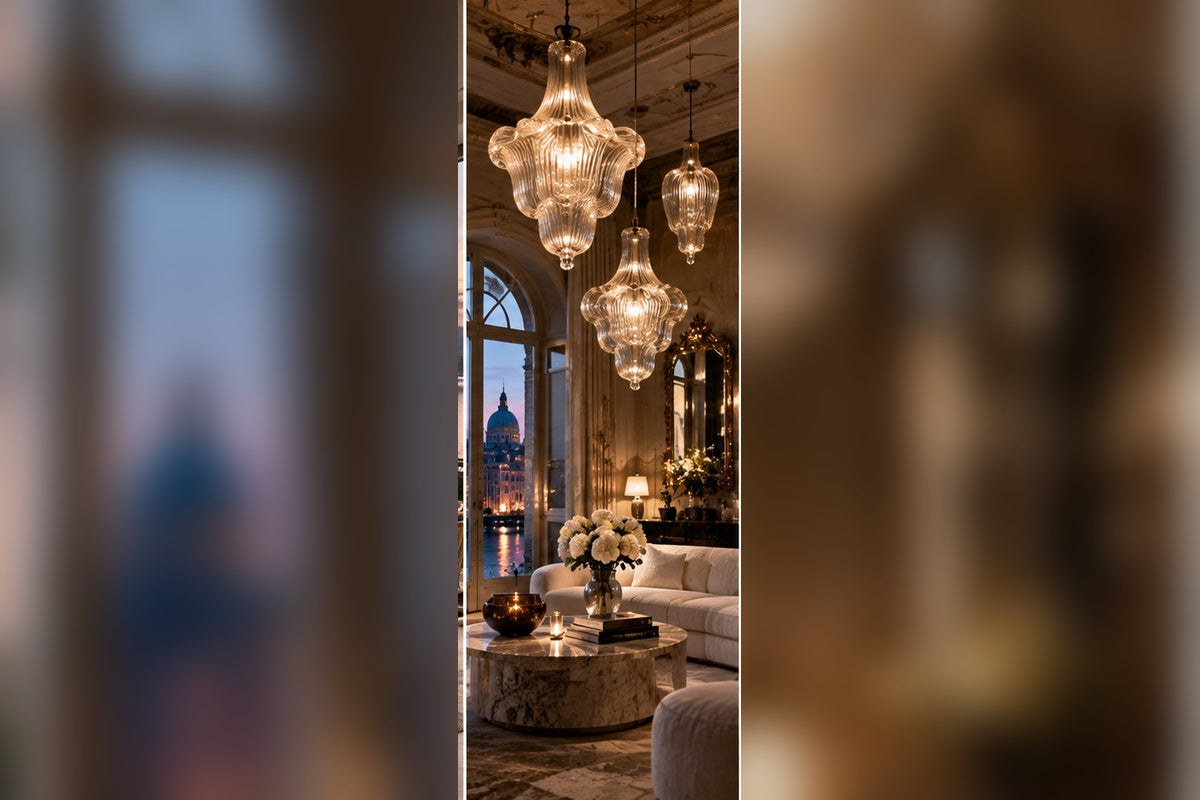 THE LUXE JOURNAL Murano glass lighting cover with hand-blown decorative glass chandeliers in a refined Venetian-inspired room