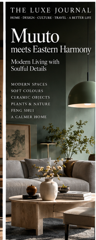 Editorial living room blending Muuto Scandinavian design with Chinese ceramics, tea objects and quiet New Chinese styling