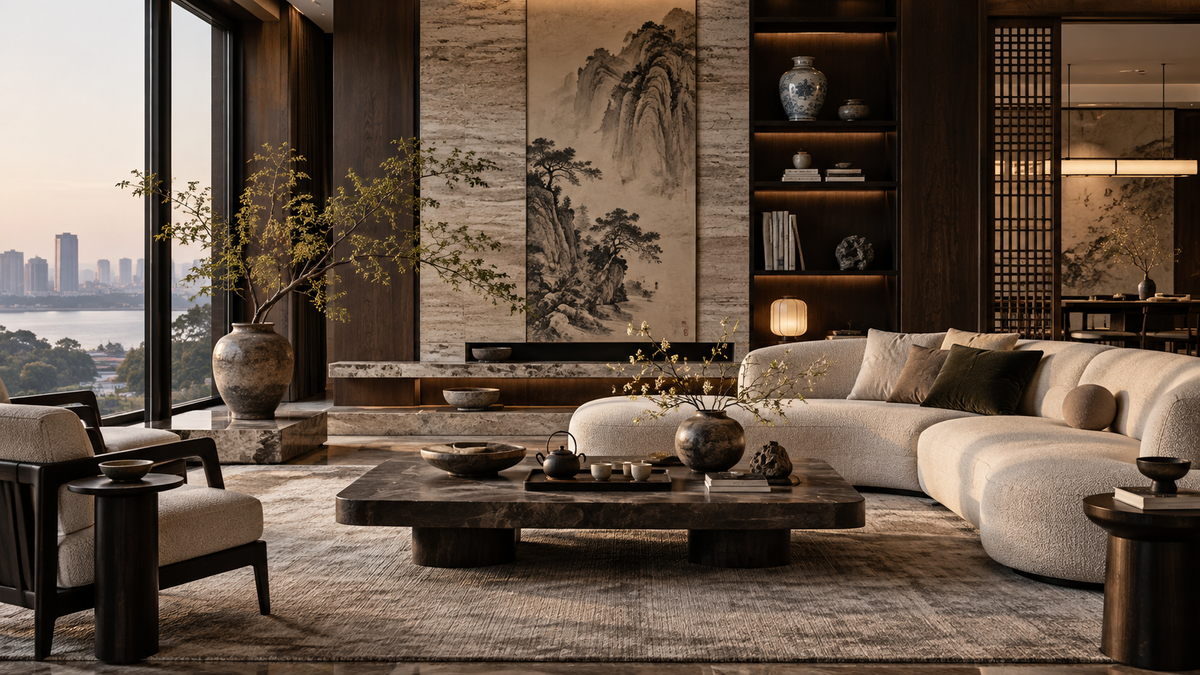 THE LUXE JOURNAL New Chinese Style 2026 cover featuring dark timber, stone, ink art, ceramics and contemporary luxury furniture