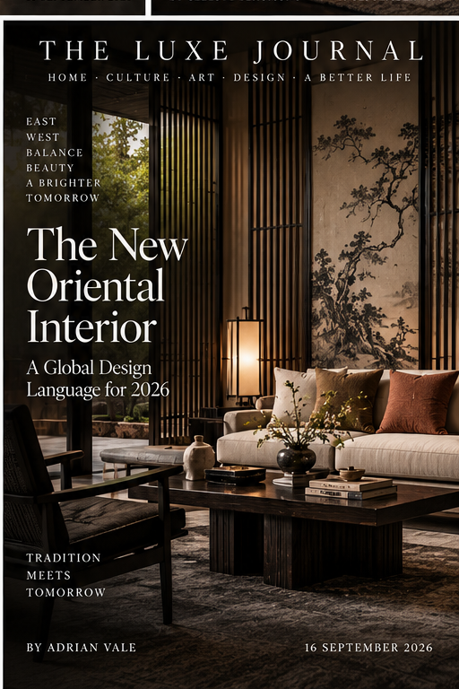 Luxury editorial cover showing a contemporary East-West interior with Chinese painting, timber, stone and modern furniture