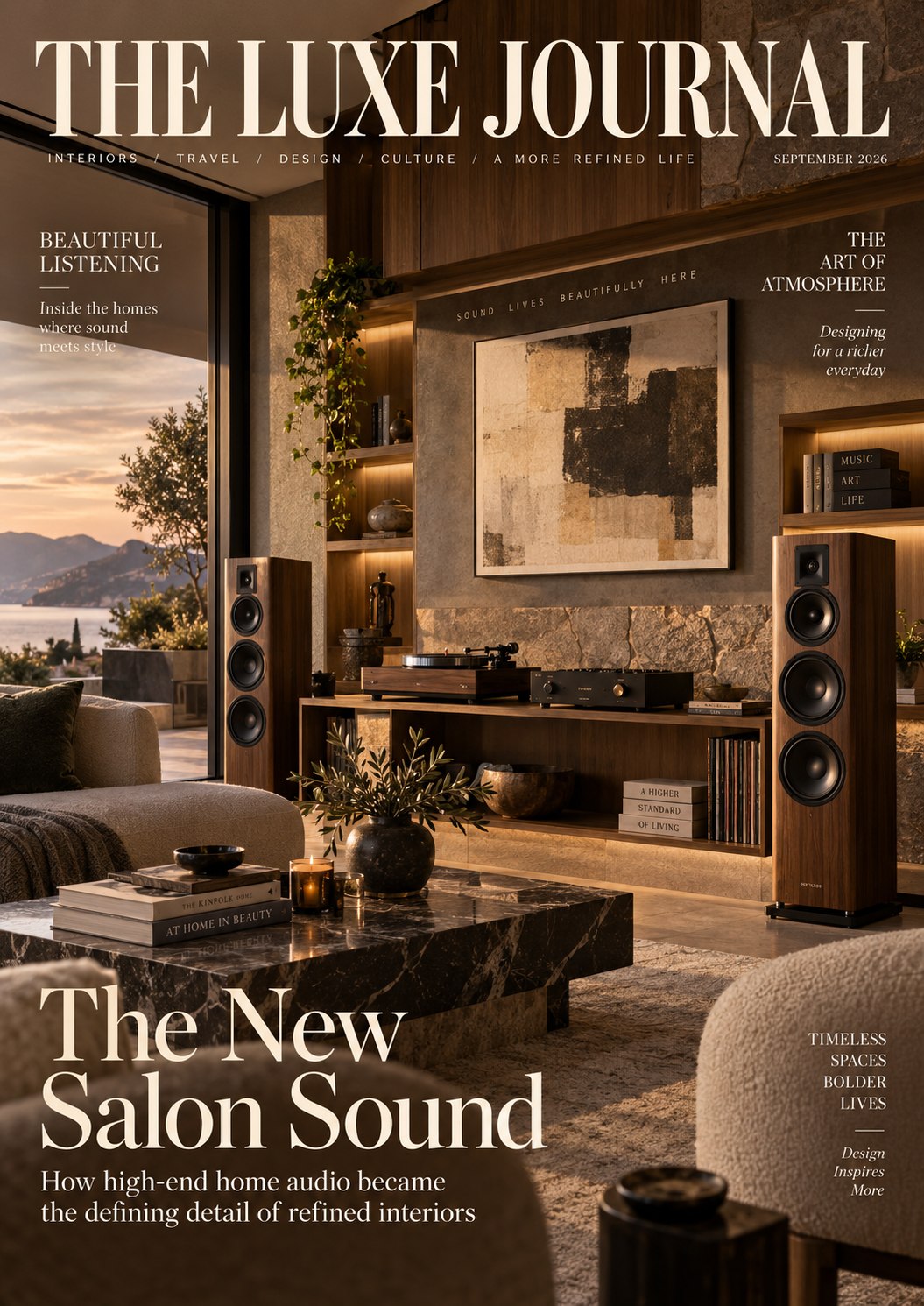 The Luxe Journal luxury home audio magazine cover featuring statement speakers, turntable and refined living room interiors