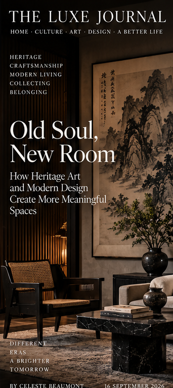 Luxury editorial cover pairing heritage Chinese art with contemporary furniture and modern interior design
