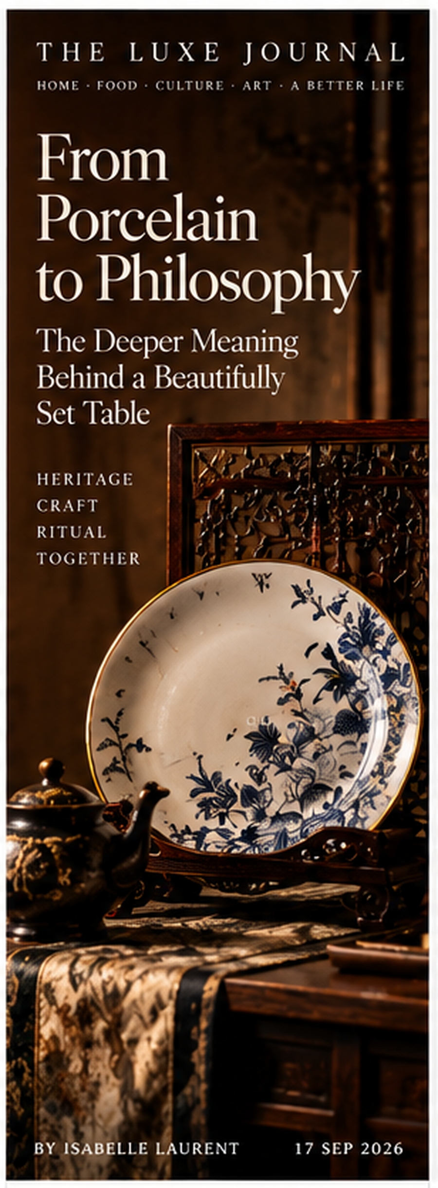 Luxury editorial cover exploring porcelain, ritual and cross-cultural table styling in a refined Eastern-inspired home