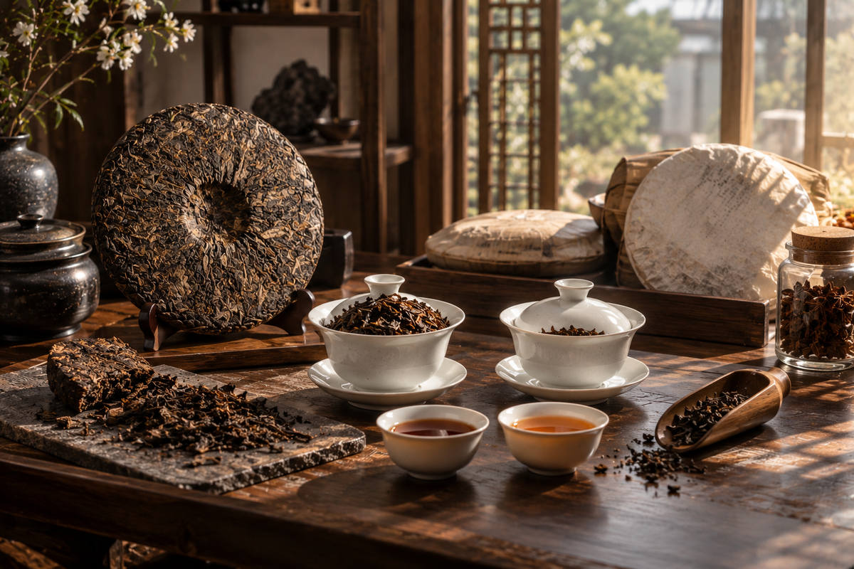 Pu-erh tea cake with intact and broken leaves, gaiwans and cups for THE LUXE JOURNAL common tea cake mistakes guide Part 9