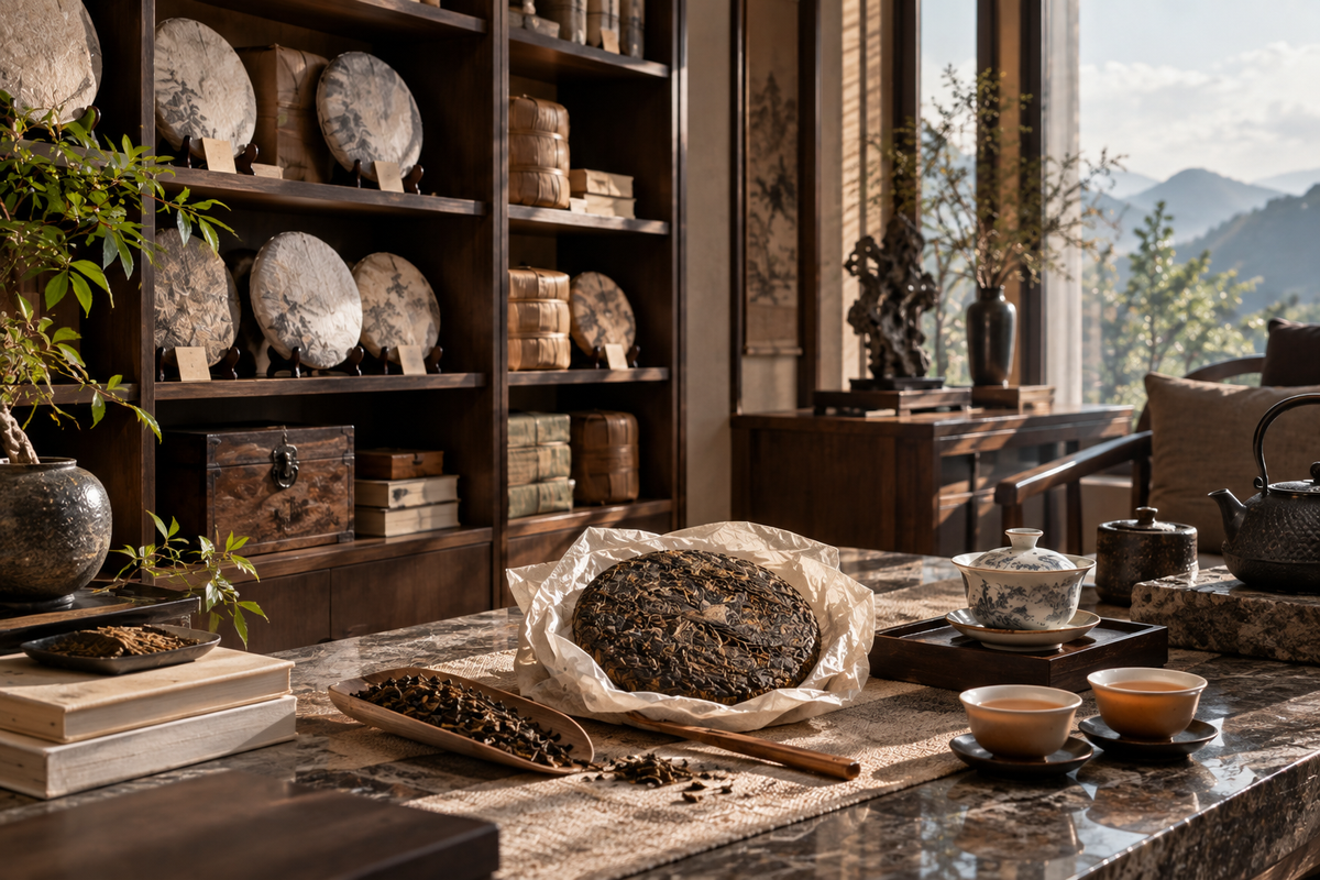 Elegant home Pu-erh tea cake collection with display shelves, teaware and compressed tea for THE LUXE JOURNAL Part 10