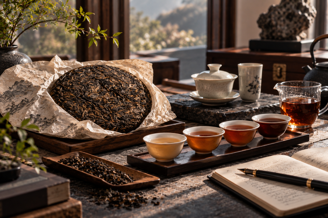 Pu-erh tea cake tasting flight with amber infusions, gaiwan and tasting notebook for THE LUXE JOURNAL Part 8