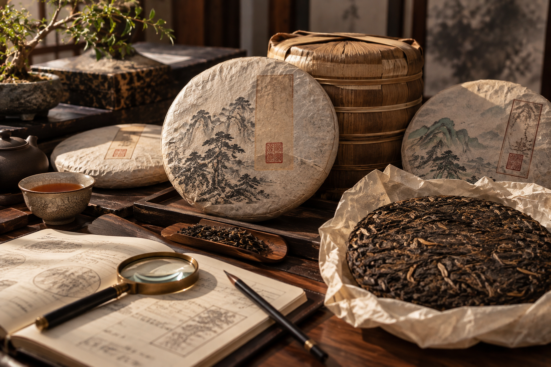 Pu-erh tea cake wrappers, compressed tea, magnifying glass and tasting notebook for THE LUXE JOURNAL tea cake guide Part 6