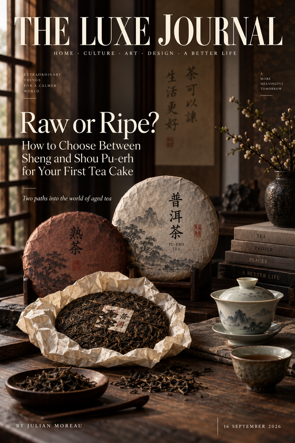 Luxury magazine cover comparing raw and ripe Pu-erh tea cakes for beginners