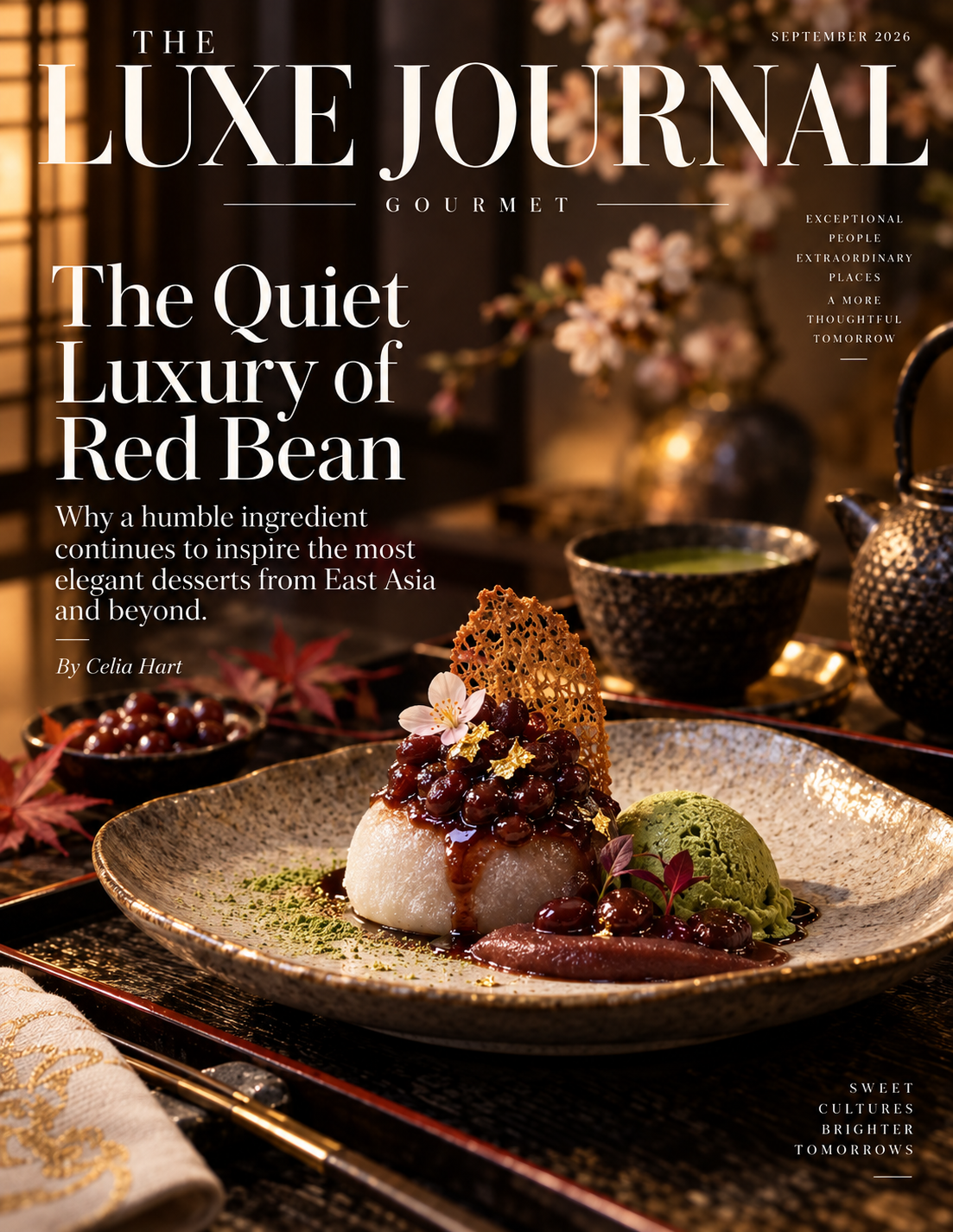 The Luxe Journal luxury magazine cover featuring an elegant East Asian red bean dessert and tea setting