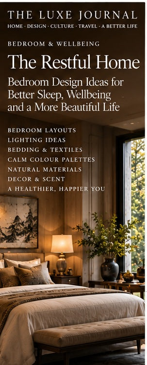 The Luxe Journal luxury bedroom design editorial cover featuring layered bedding, natural materials and warm lighting